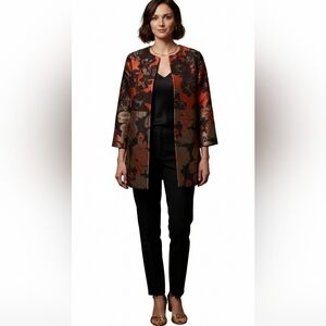 Josie Natori Flower Jacquard Topper Jacket Coat Blazer Abstract Longline M